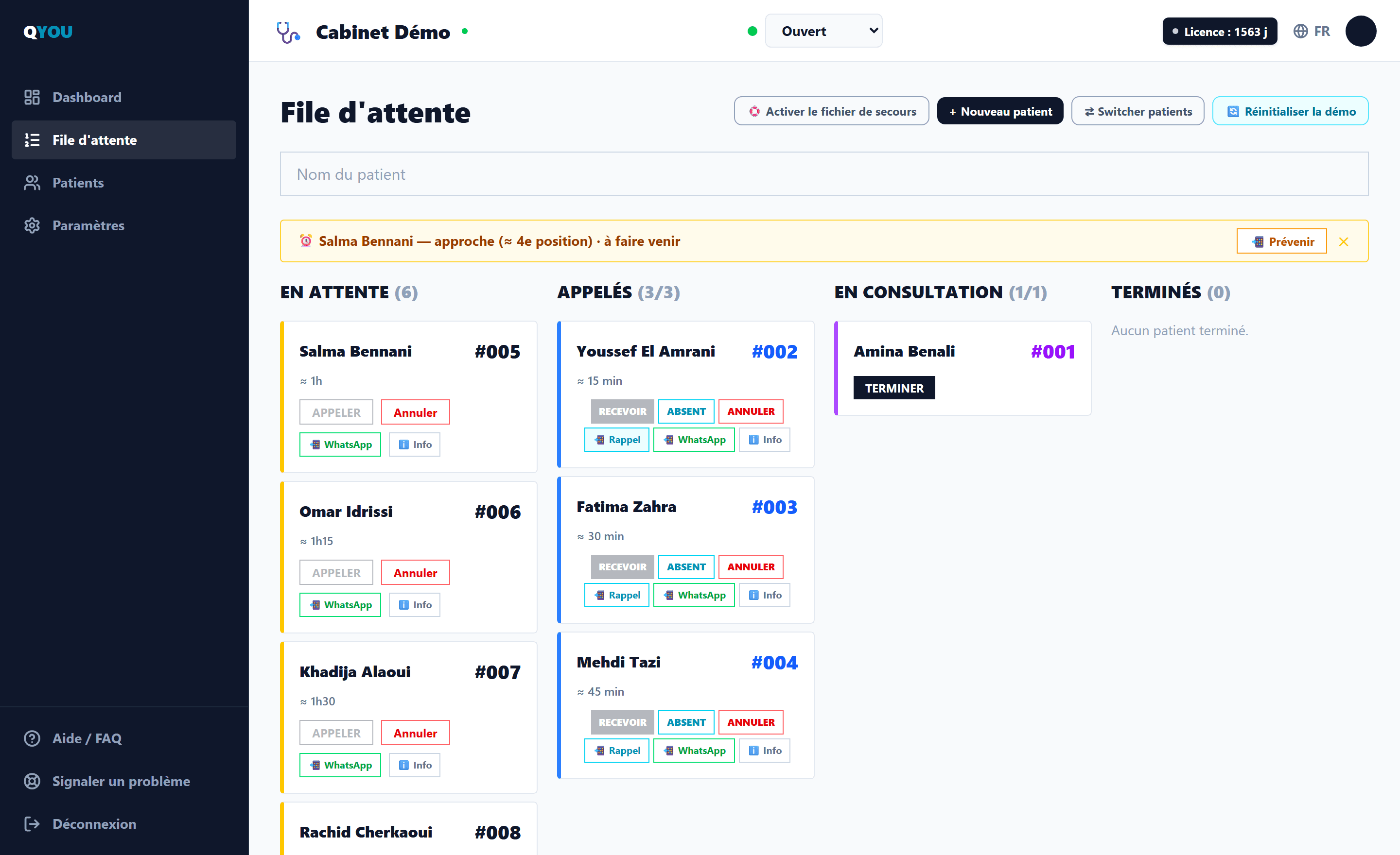 Tableau de bord QYOU — file d'attente en temps réel